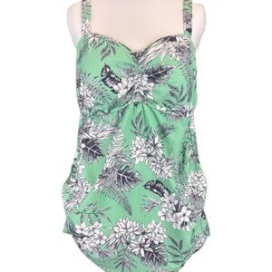 Motherhood Maternity Tankini Top XL Green Floral Ruched Padded Swim NEW
